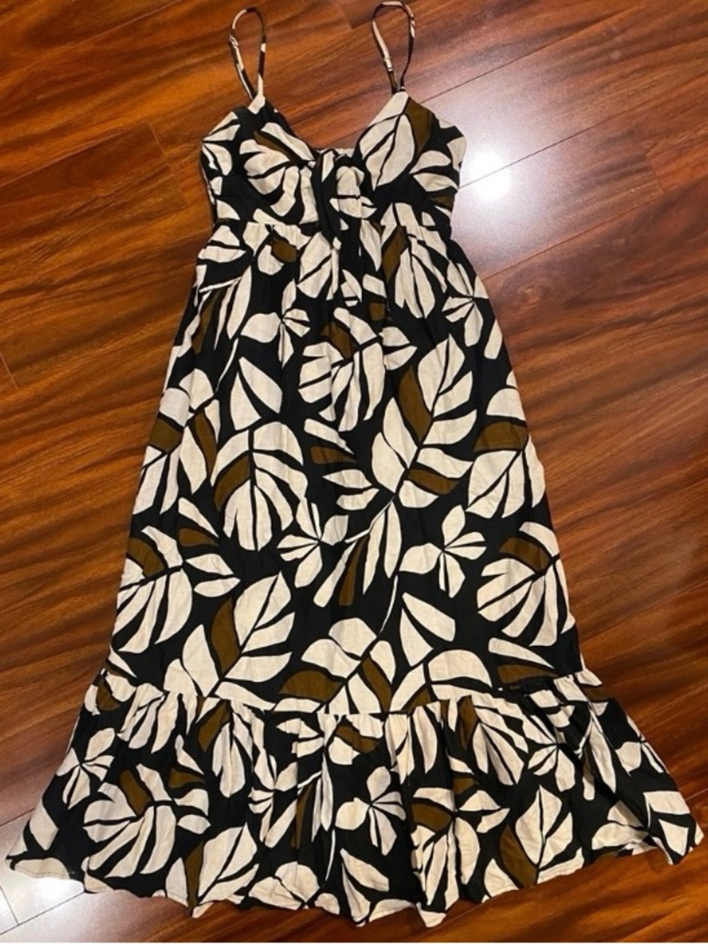 Tabitha Brown Linen blend Black Leaf Print maxi Sundress with Spaghetti Straps